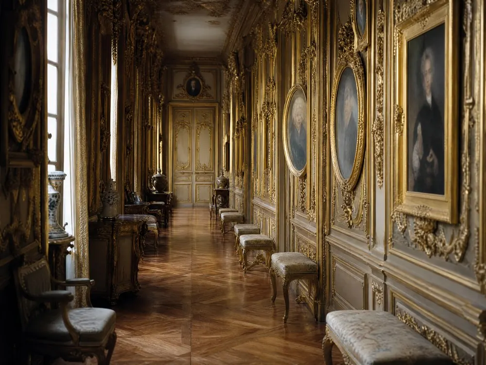 A long gilded gallery hung with rows of framed portraits