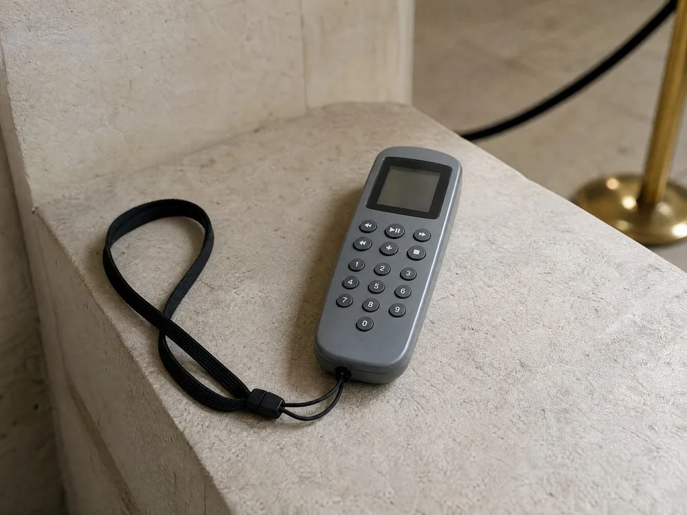 Un combiné audio gris uni sur un cordon, posé sur un banc en pierre