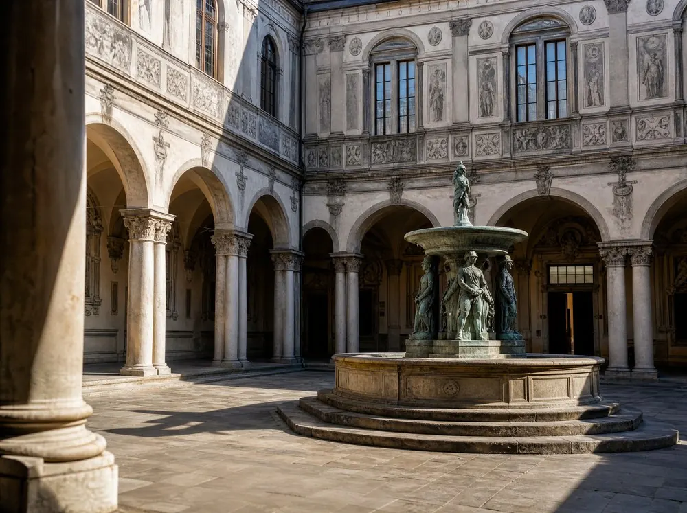 A palace courtyard with a stone fountain and arcaded walls in morning light