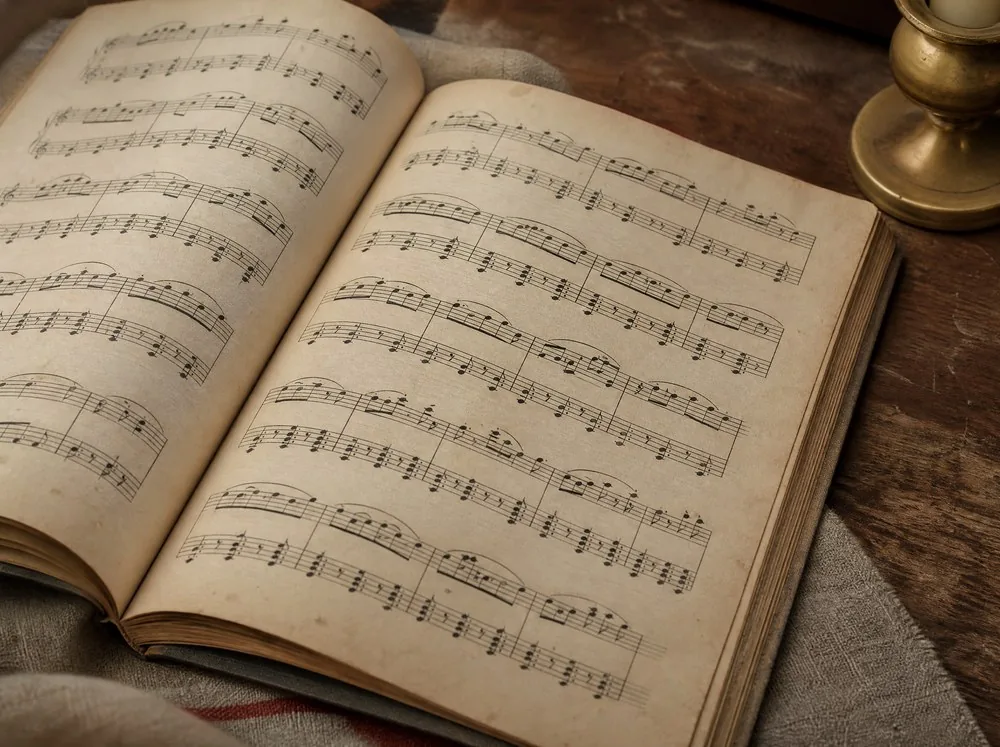 Les pages ouvertes d'une ancienne partition musicale sous une lumière rasante