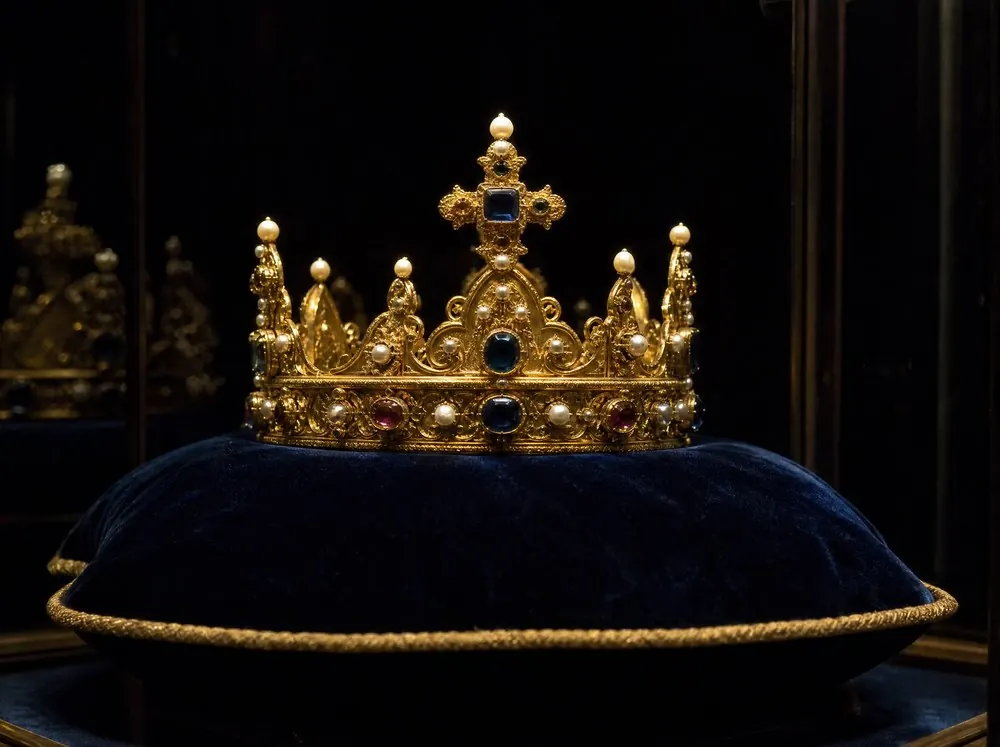 A jewelled crown on velvet inside a dark treasury case