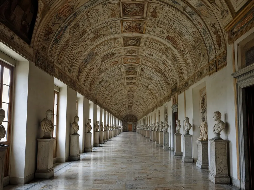 A long Renaissance barrel-vaulted hall lined with antique busts