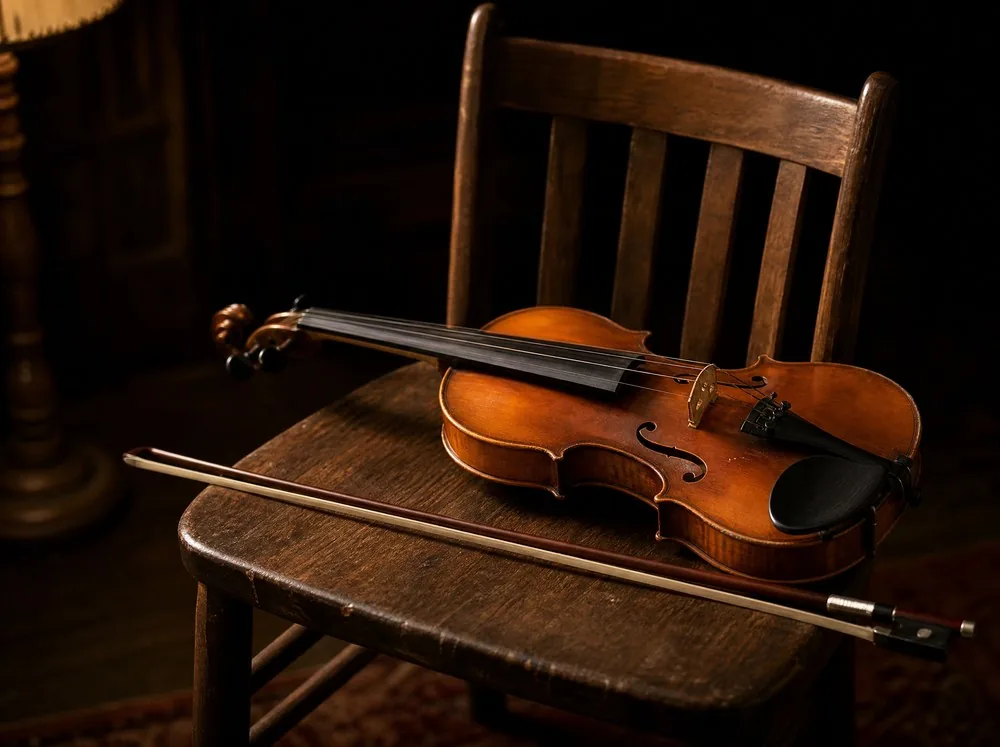 Un violon et son archet posés sur le siège d'une chaise en bois simple